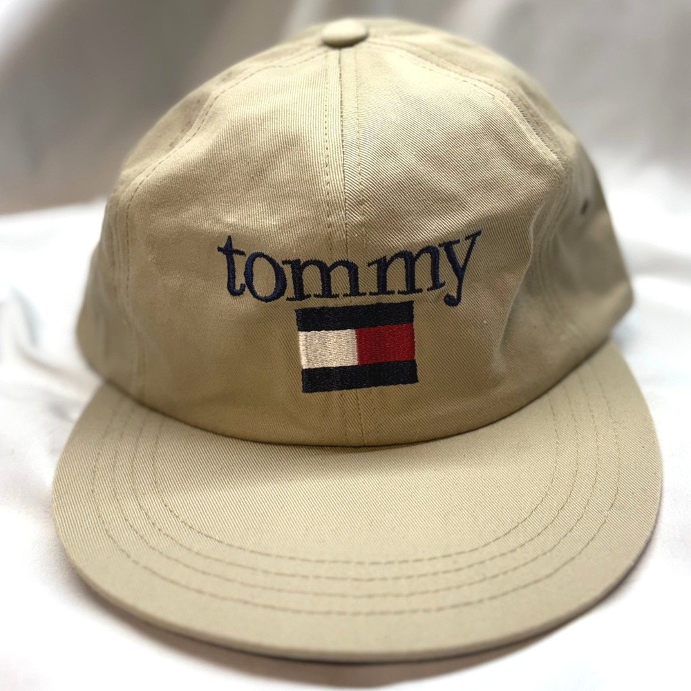 Tommy Hilfiger Hat Mens OS Khaki Tan Excellent Vintage 90s Flag Logo Dad Cap